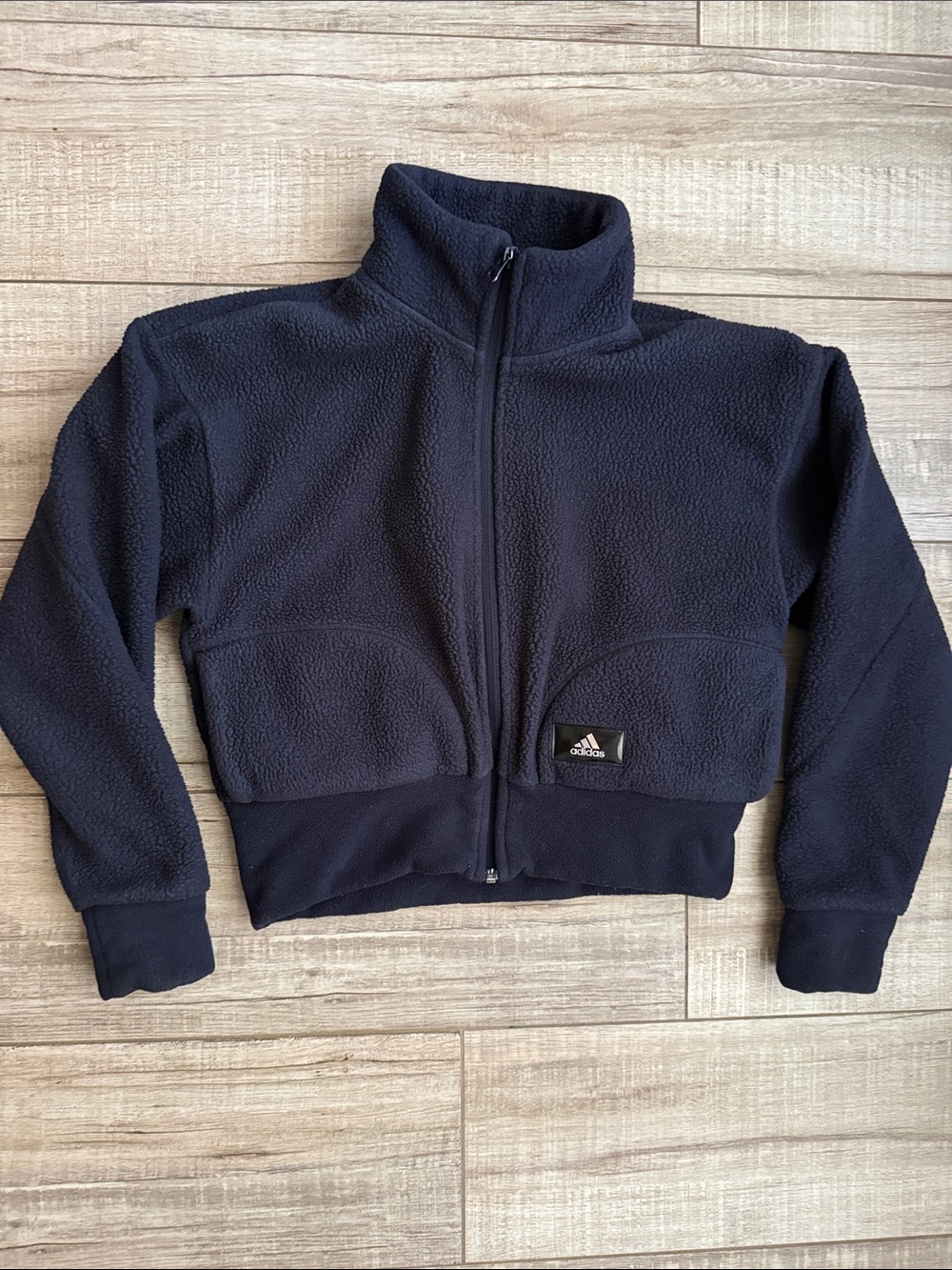 Adidas Women's Navy Blue Fleece Full Zip Cropped Jacket Coat Size XS